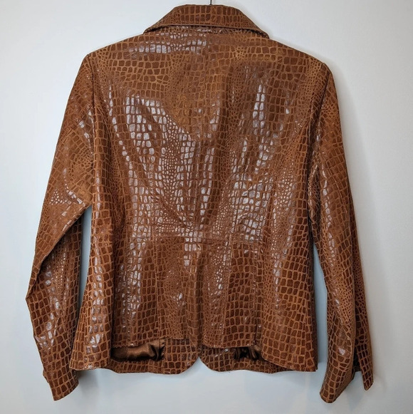 Vintage Brown  Leather Reptile Snake Alligator Print Button Front Jacket Large - Picture 7 of 10